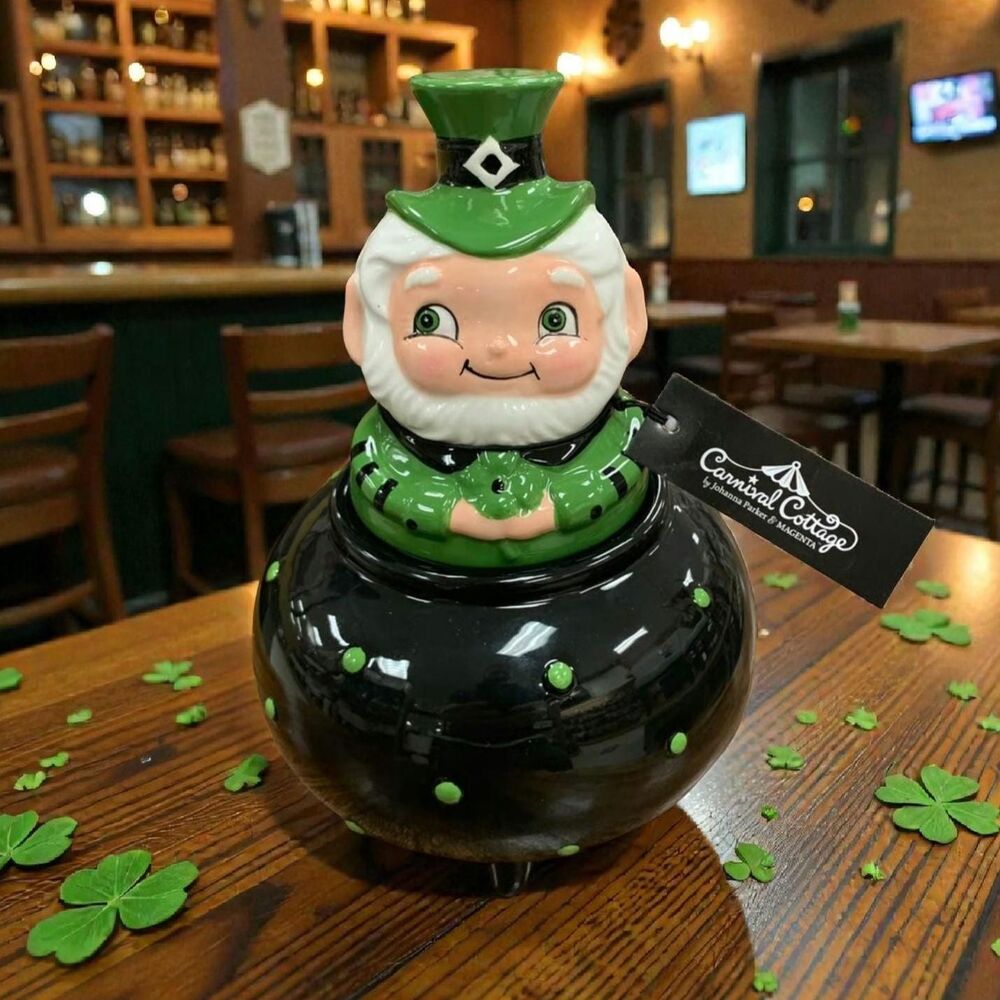 Johanna Parker St Pattys Day Leprechaun Canister Green Clovers 2 Piece
